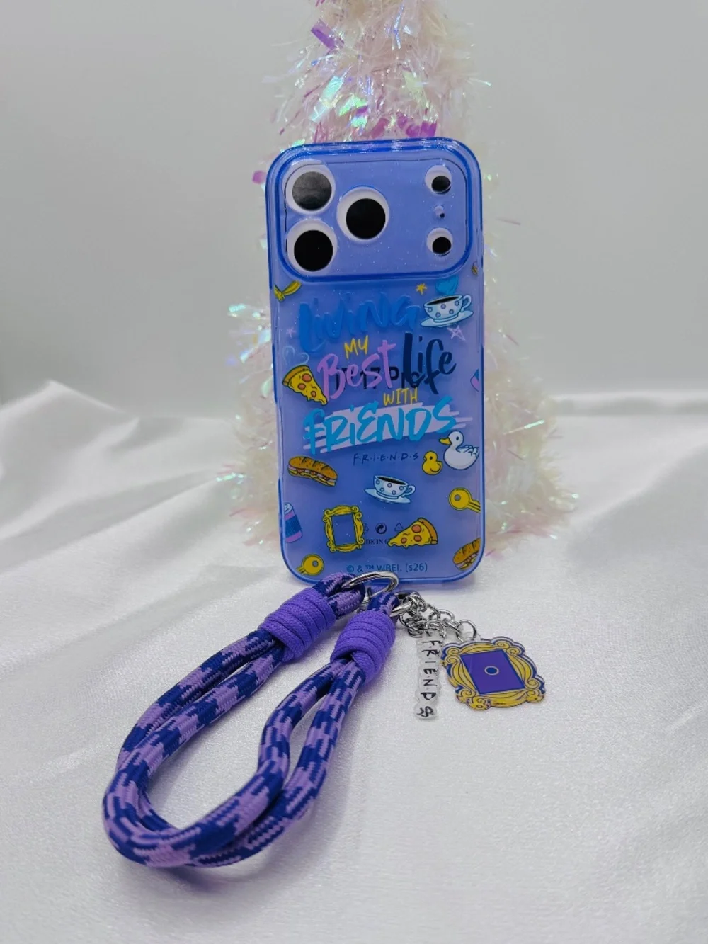 Friends TV Show iPhone 17 Pro Max Case w/ Wrist Lanyard – Purple Clear